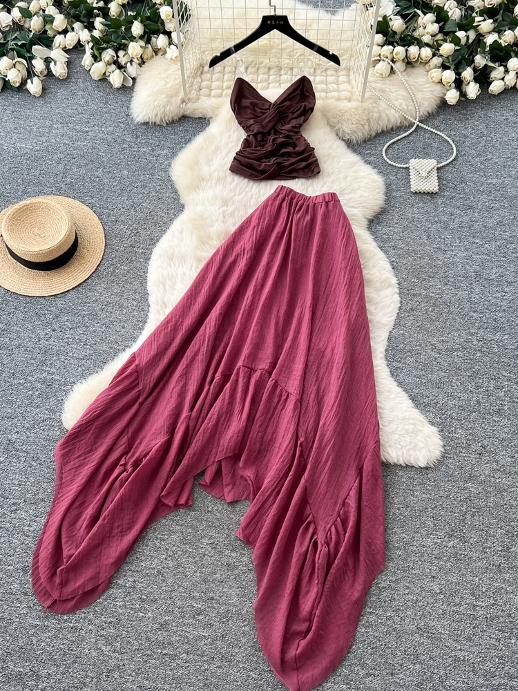 

Summer Vacation Style Vest And Skirt Set Women's Slim Fit Asymmetrical Hemline Midi Skirt Ensemble Fashionable Workwear