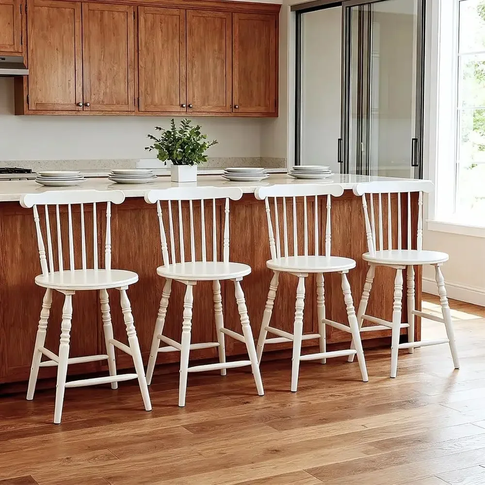 Set of 3 White Wooden Counter Height Bar Stools with Spindle Back and Turned Legs, Rustic Vintage Colonial Style for Kitchen Isl - view 5
