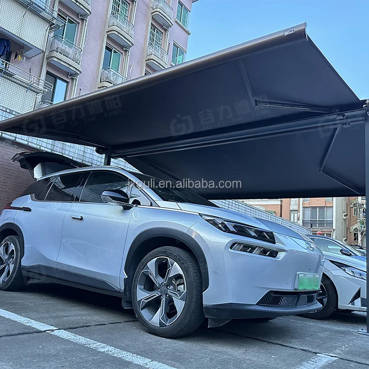 LED Full Cassette Retractable Awning Free Standing Aluminum Motorized Butterfly Sunshade for Car Parking Area Remote Control