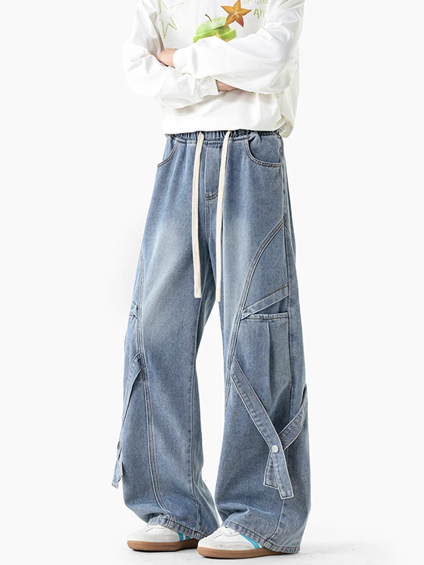 

American Style Deconstructed Patchwork Workwear Jeans Men's Spring Autumn Heavy Duty Big Pocket Straight Leg Trendy Loose Wid...