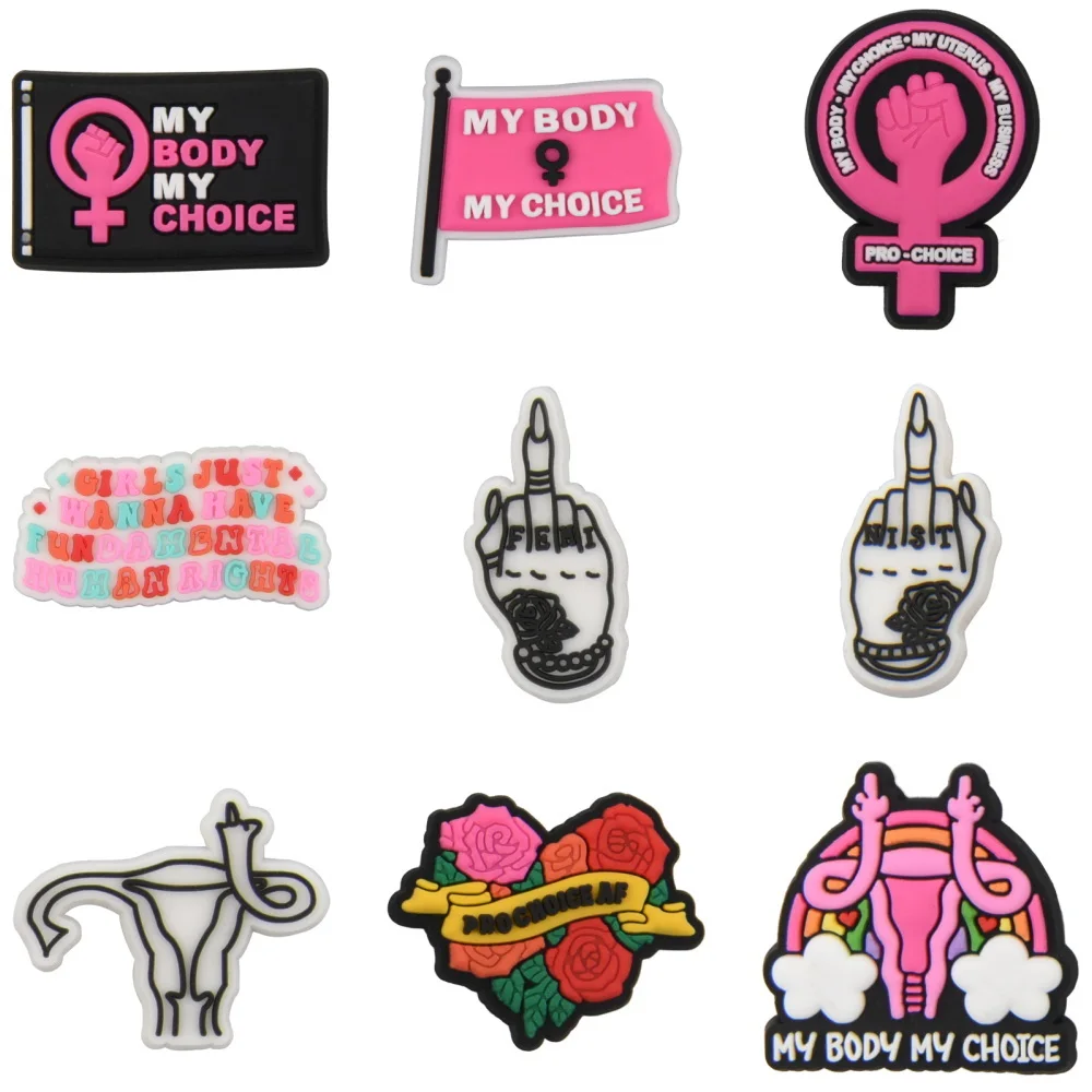 9pcs Feminist Pink Flag Shoe Decoration My Body My Choice Shoe Charms Black Hand  Bracelet Accessories Women Girls Party Favor