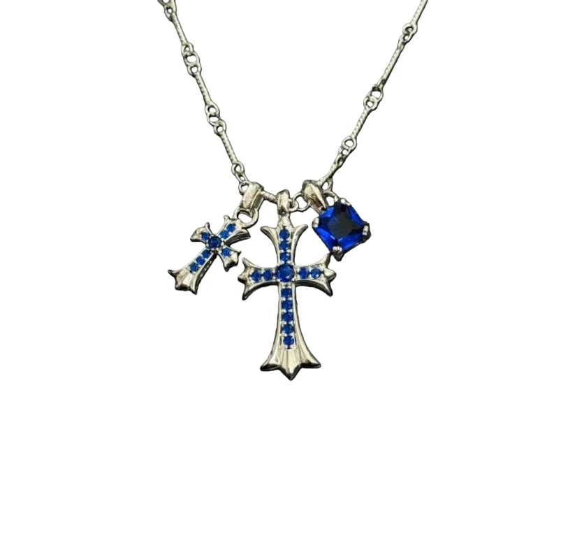 

Sapphire-Embellished Double Cross Pendant Necklace: Bold Gothic-Chic Statement Piece