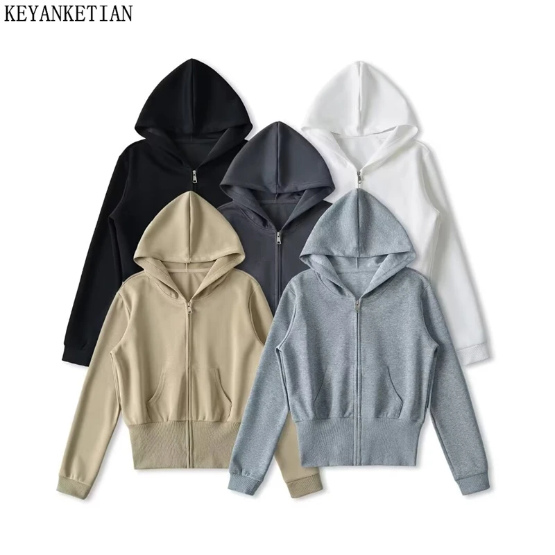 KEYANKETIAN 2024 Autumn/Winter New Women's Front Pocket  Zipper Hoodies Leisure style Screw Thread Solid color Sweatshirts Top