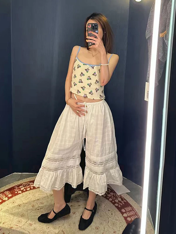

White Lace Trim Elastic Waist Drawstring Comfortable Mid-Calf Bell Bottom Pants for Women Casual French Style Cotton 100%