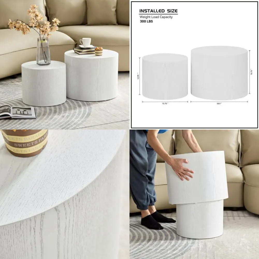 

Pair of Round Coffee Tables, Wooden Nesting and End Table Set, Compact Circle Drum Side Tables for Living Room and Office