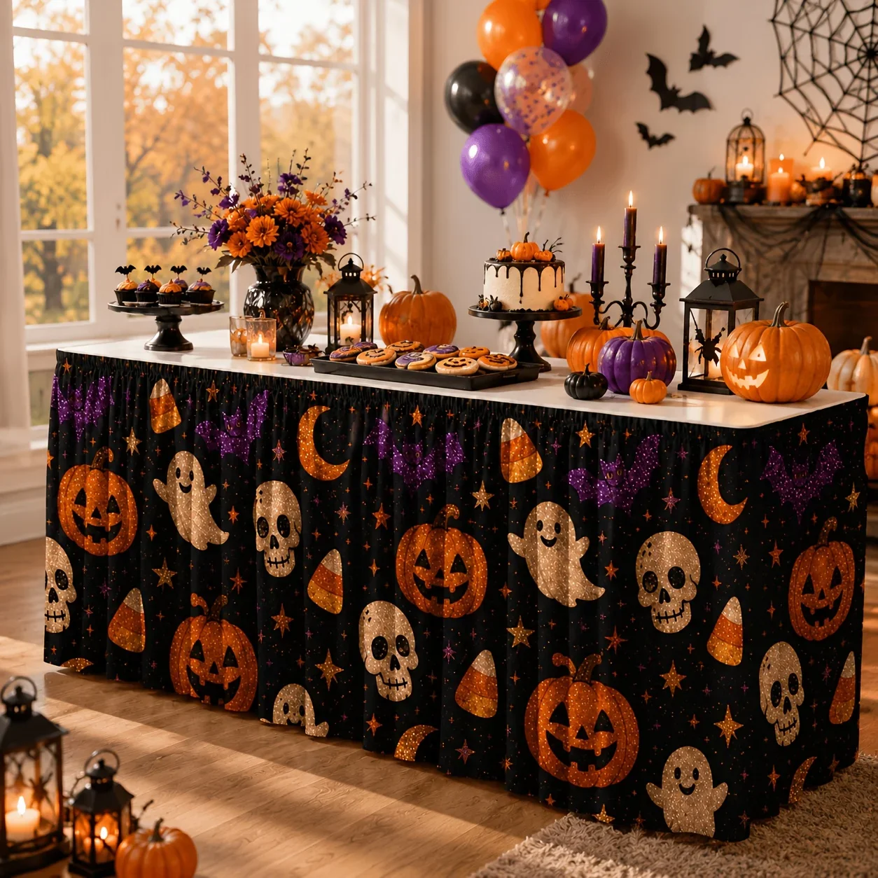 One black Halloween table skirt with pumpkin lanterns, skulls, bats, candies, corn, moon and stars patterns