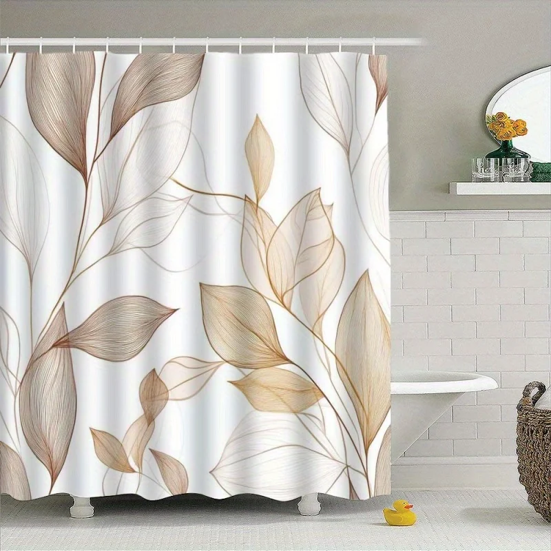 1 rideau de douche élégant à feuilles simples – Tissu lavable en machine avec crochets, motif de feuilles beige et marron sur fond blanc