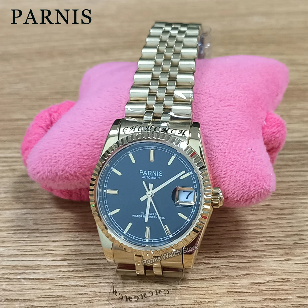 Parnis 36mm Gold Color Black Dial Men Watch Automatic Movement Men Stainless Steel Bracelet Mechanical Watches