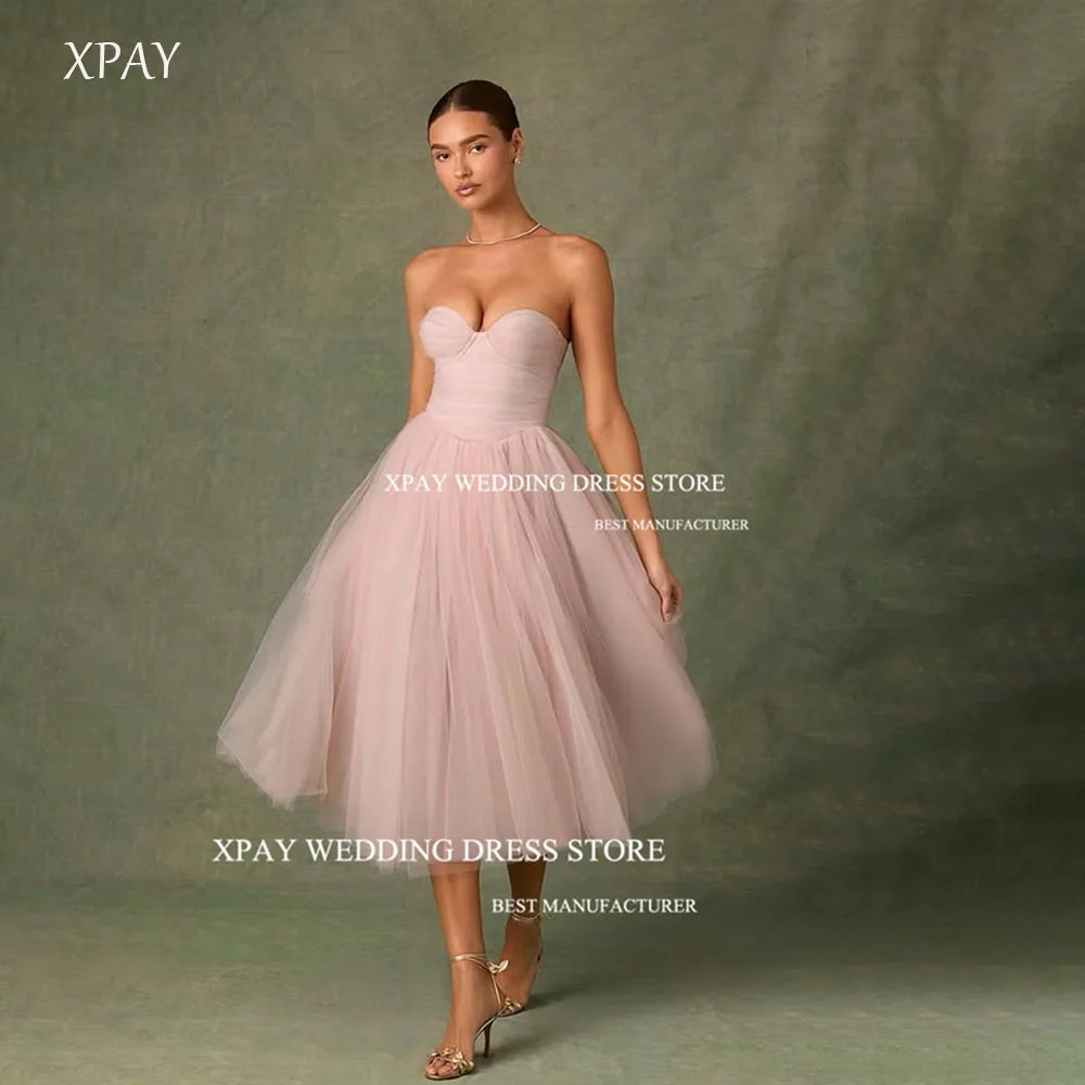 

XPAY Princess Baby Pink Tea-Length Party Evening Dresses Arabic Photo shoot Dubai Tulle Prom Gowns Formal Party Customized Sexy