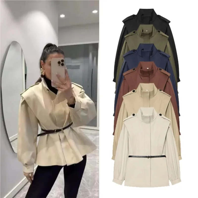 Women's Windbreaker Autumn New Stand Neck Long Sleeves With Belt Trench Casual Female Simple Commute Outerwear Fashion Tops