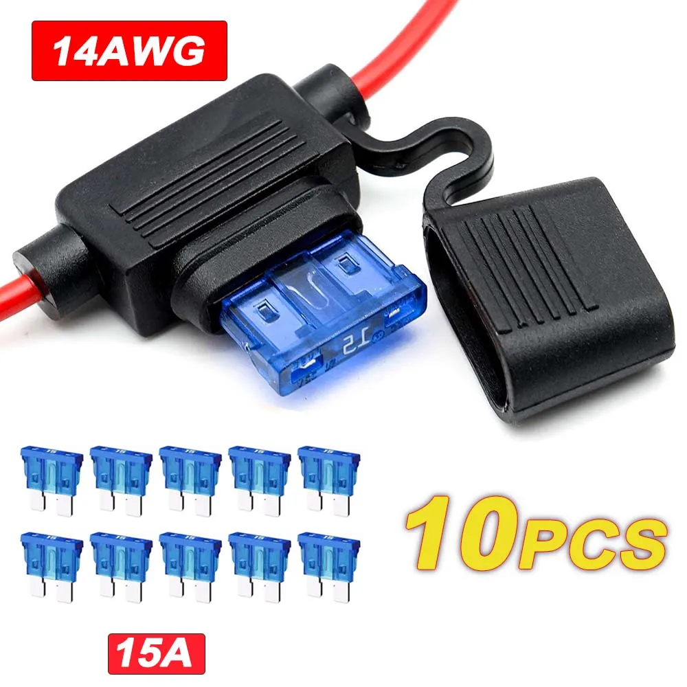 10 Pack 14 AWG Waterproof Inline Fuse Holder-12V-DC ATC/ATO 14 Gauge Fusibles Holder with 15A Blade Fuse For Car Boat Motorcycle