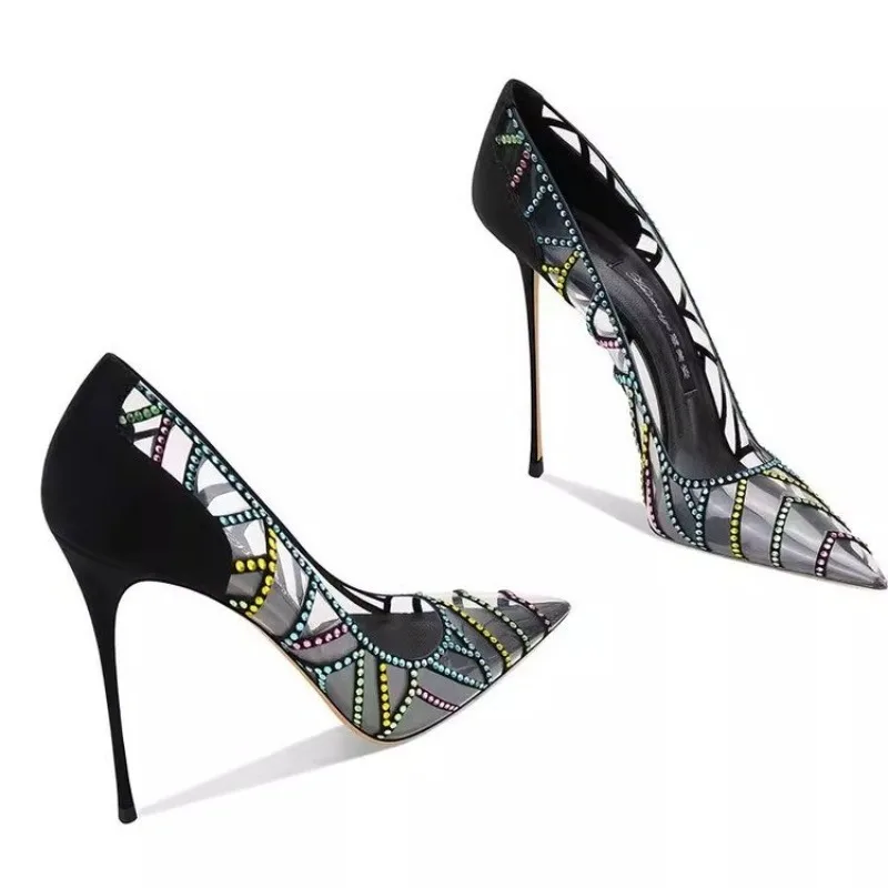 Farbige Strass-Pumps mit Lammfellsohle, Sexy Sommer-Neuheit, Luxuriöse Party-Stilettos, Spitze High Heels mit Flachem Absatz