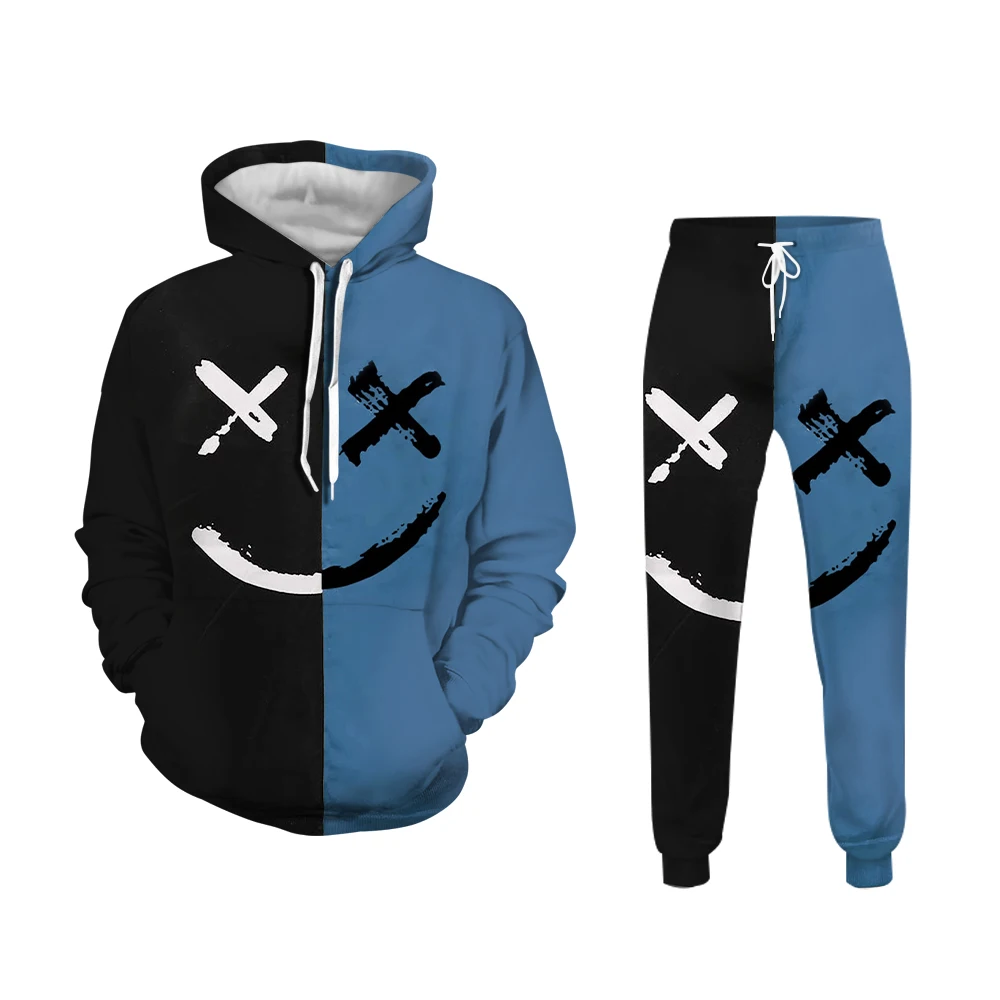 Patchwork Two-Color Smiling Face Print Vintage 2-Piece Hooded Sweatpants Men Fall Winter Casual Vintage Men's Fashion Sweatshirt