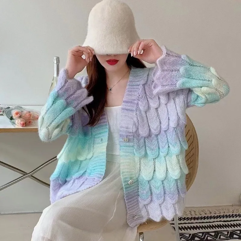 

Women's Autumn Winter Cardigan Knitted Sweater Jacket Printed Button Gradient Loose Ambient Personalized Niche Retro New Design
