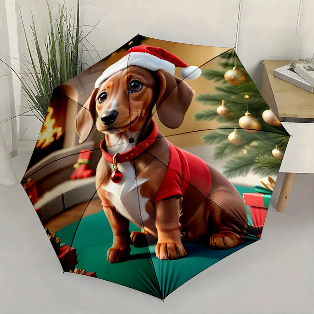 1PC Festive Dachshund on Christmas-Themed Umbrella Print 8 Iron Ribs Folding Umbrella Auto-Open Fashion Sunshade