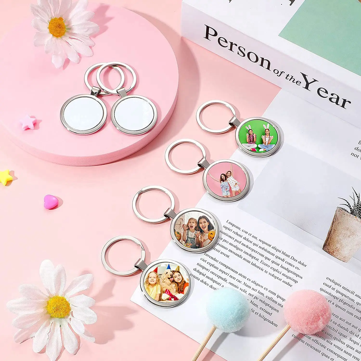 

AEF7-Sublimation Blank Keychain Round Heat Transfer Keychain Metal Board Key Rings Thick Sublimation Photo Keychain