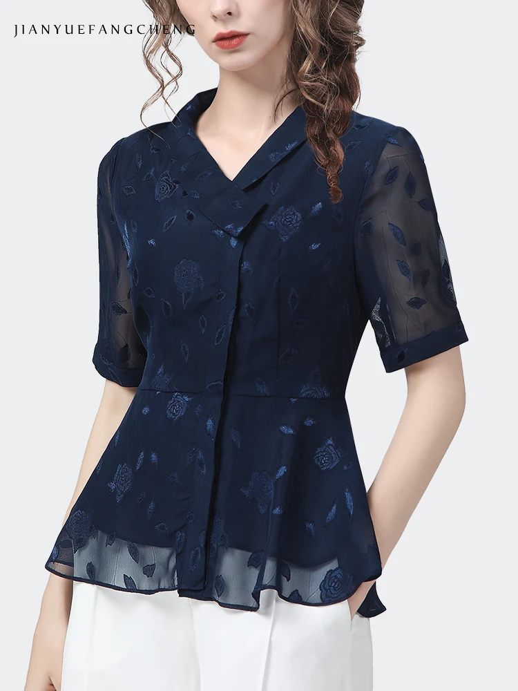 2022 Summer Short Sleeve Fashion Chiffon Blouse Women Tops Cinched Waist Irregular Vintage Floral V-Neck Shirt Casual Work Top