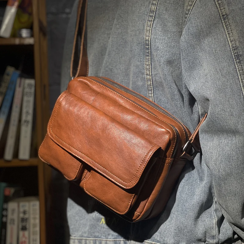 

Top Layer Cowhide Luxury Crossbody Bag Small Square Bag Men's Horizontal Retro Shoulder Bag Genuine Leather Casual Messenger Bag