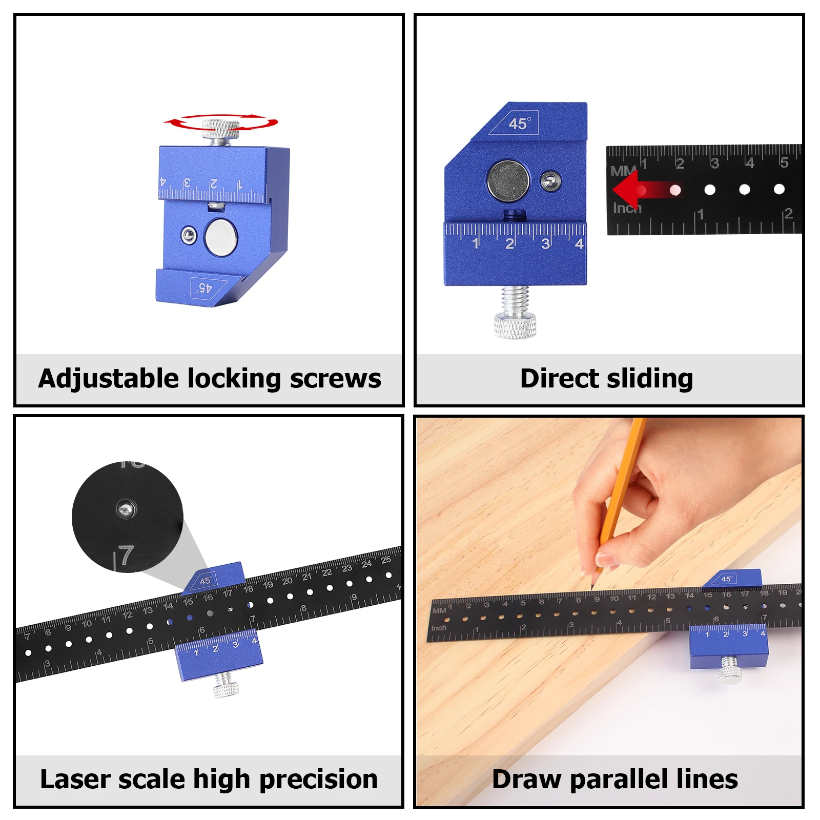Woodworking Ruler Precision Pocket Metal Slide Rule Inch and Metric T-Type Scribing and Square Ruler for Marking and Measuring