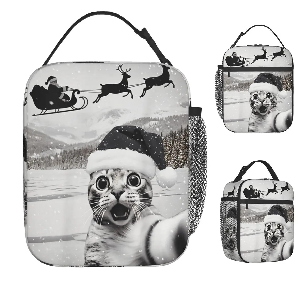 

Кошка для селфи с Санта-Клаусом, забавная рождественская сумка для обеда, удобная коробка для завтрака, дорожная сумка-холодильник с графическим рисунком, милые оксфордские термосумки-тоут