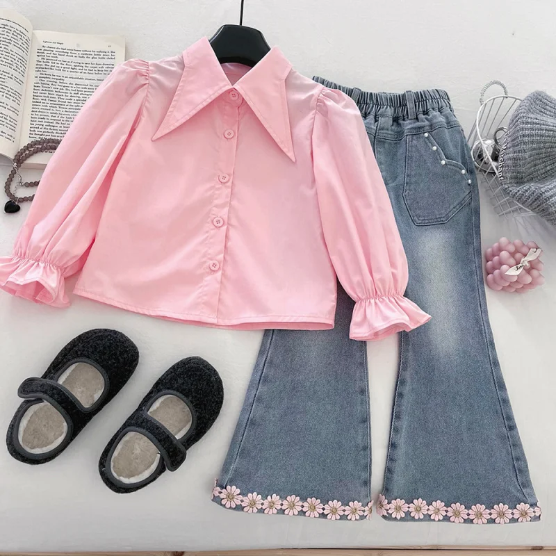 

Girls' Knitted Three-Piece Set2025Autumn Stylish Single-Breasted Knitted Vest Shirt Flared Jeans Set Trendy
