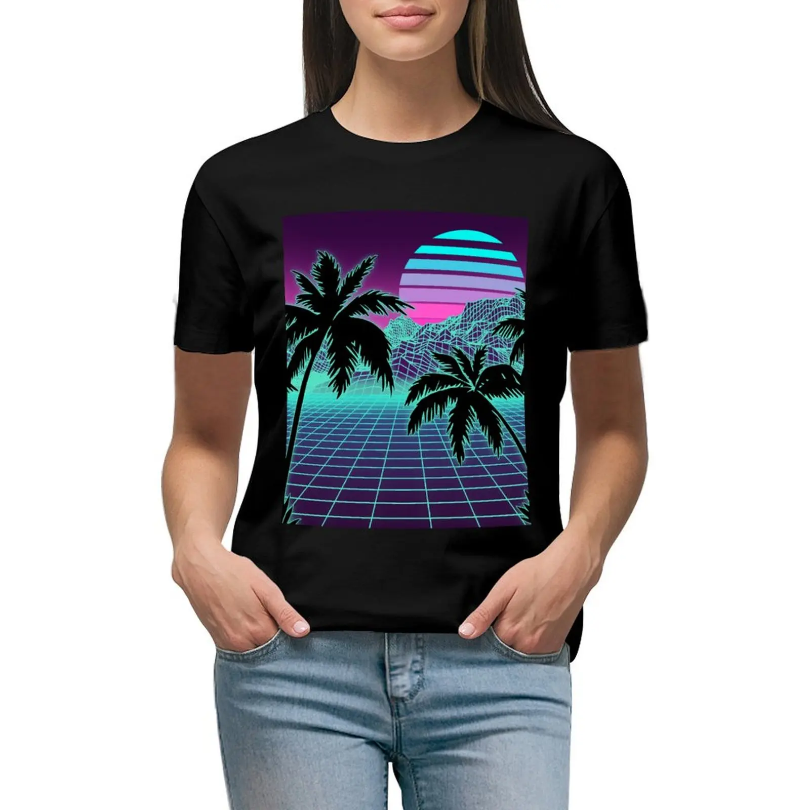 

Retro 80s Vaporwave Sunset Sunrise With Outrun style grid print T-Shirt tops customs aesthetic clothes cute t-shirts for Women