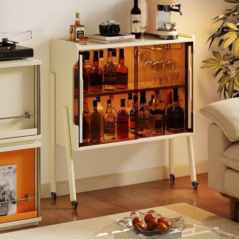 Living room multi-functional display cabinet Household dining room Solid wood storage display rack Floor-to-ceiling movable