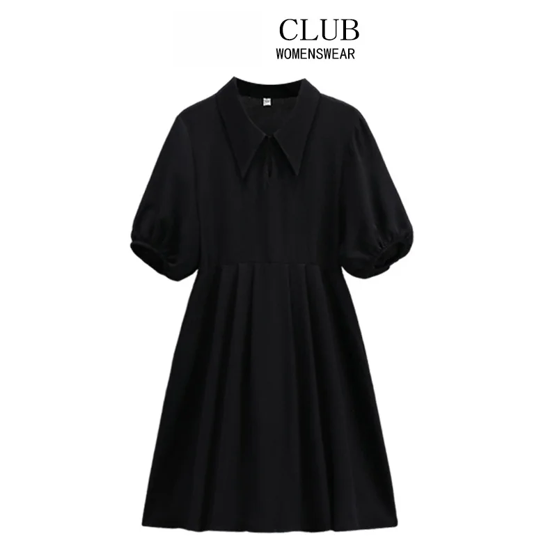 

plus Size Collar Dress Women Summer Slimming Bubble Sleeve Hepburn Style Little Black Dress Commute Style High Waist A-L...