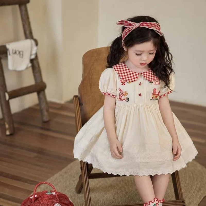 

2025 Summer New Girls' Dress, Summer New Baby Doll Collar Short Sleeve Children's Cute Puff Sleeve Dress.