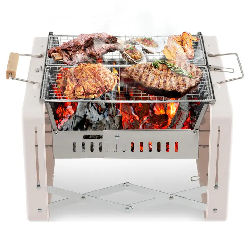 

Folding Charcoal BBQ Grill with Dishwasher-safe Grill Grids and Charcoal Box-Beige