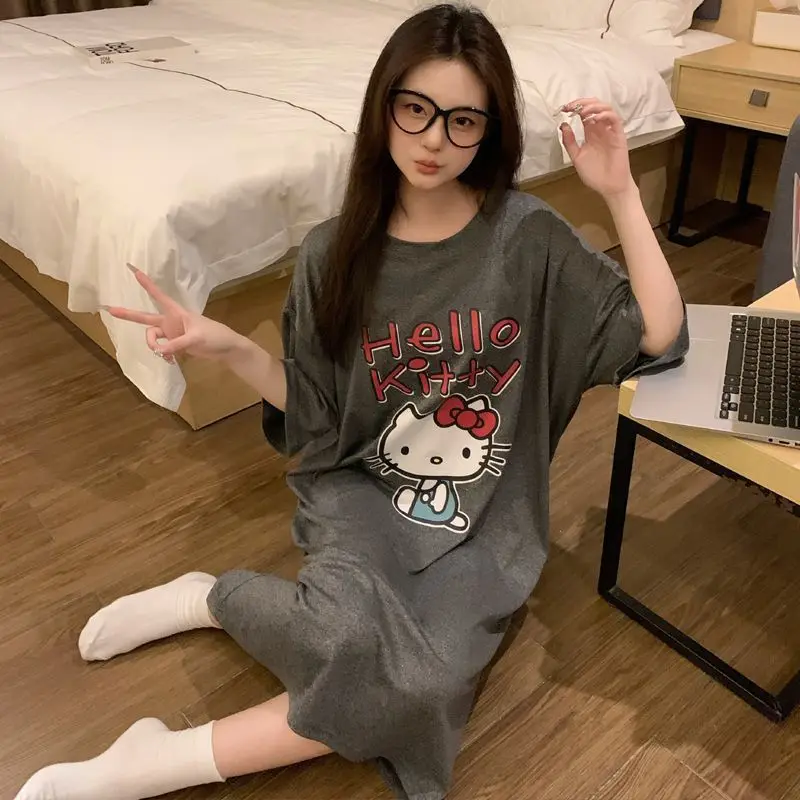 Sanrio nouvelle jupe de nuit Hello Kitty jupe de nuit à manches courtes pyjama à rayures femme automne Style ample vêtements de maison jupe de nuit