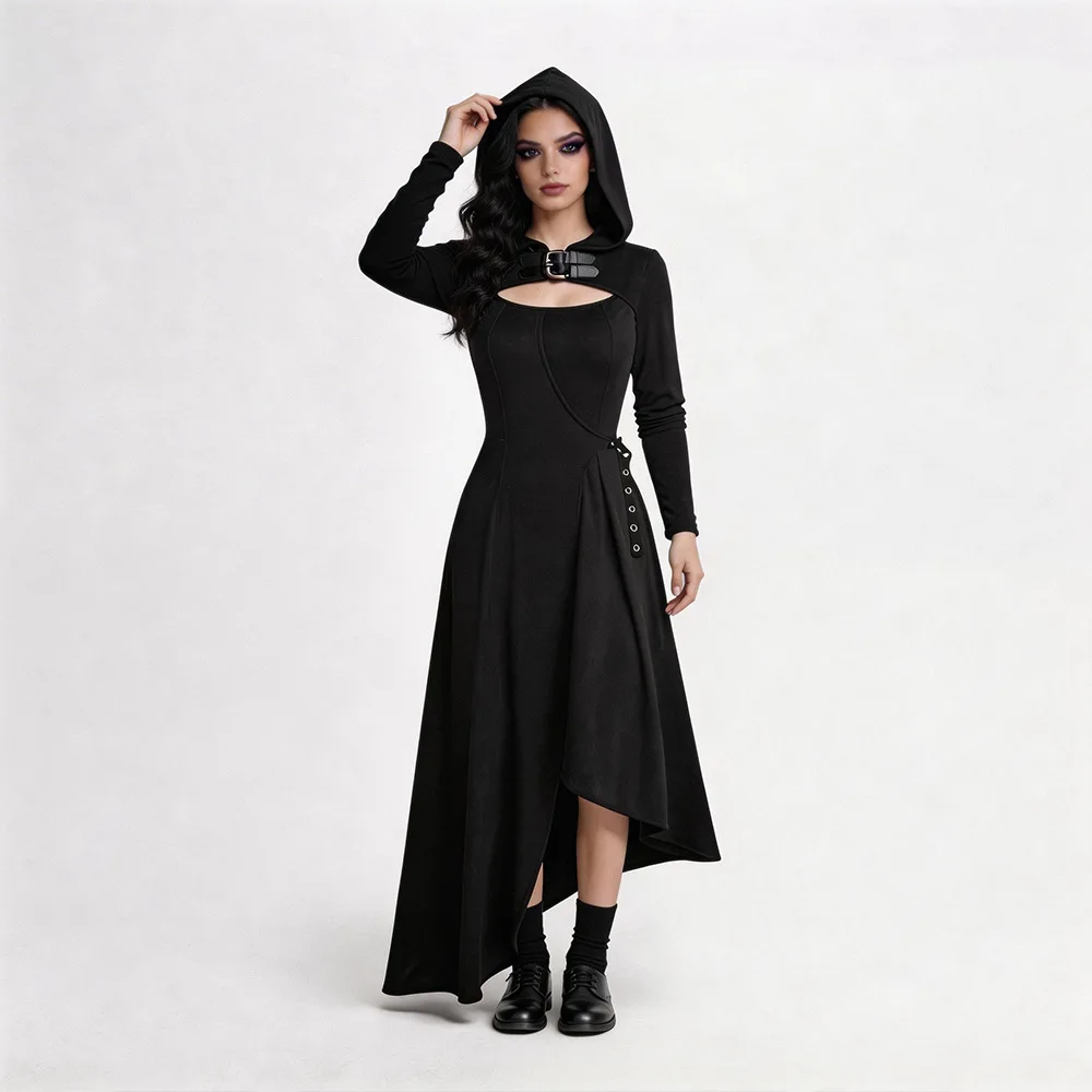 

Medieval Gothic Long Dress Women Black Vampire Costume With Hooded Dark Queen Halloween Stage Costume