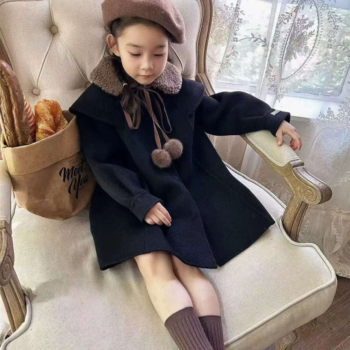 Mantel Wol Anak Perempuan Musim Gugur Dan Musim Dingin 2025 Mantel Wol Tebal Berkerah Wol Model Terbaru Untuk Anak-anak 100-140cm
