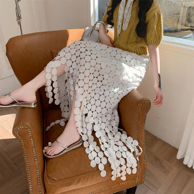 

Streetwear Hollow Dot Tassel Skirt Women 2025 Summer New French High Waist Ankle Length Straight Skirt