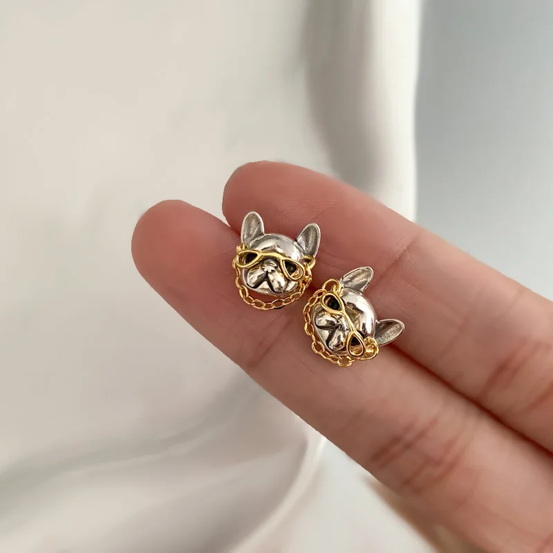 2023 New Arrival Sweet Glasses Bulldog Animal 925 Silver Needle Ladies Stud Earrings Jewelry For Women Anti Allergy