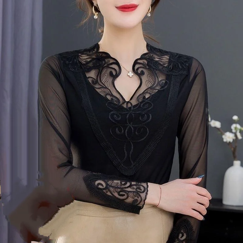 

Горячая осень-зима, новая женская кружевная сетчатая рубашка в западном стиле с цветочным воротником, толстая бархатная теплая маленькая рубашка с длинными рукавами