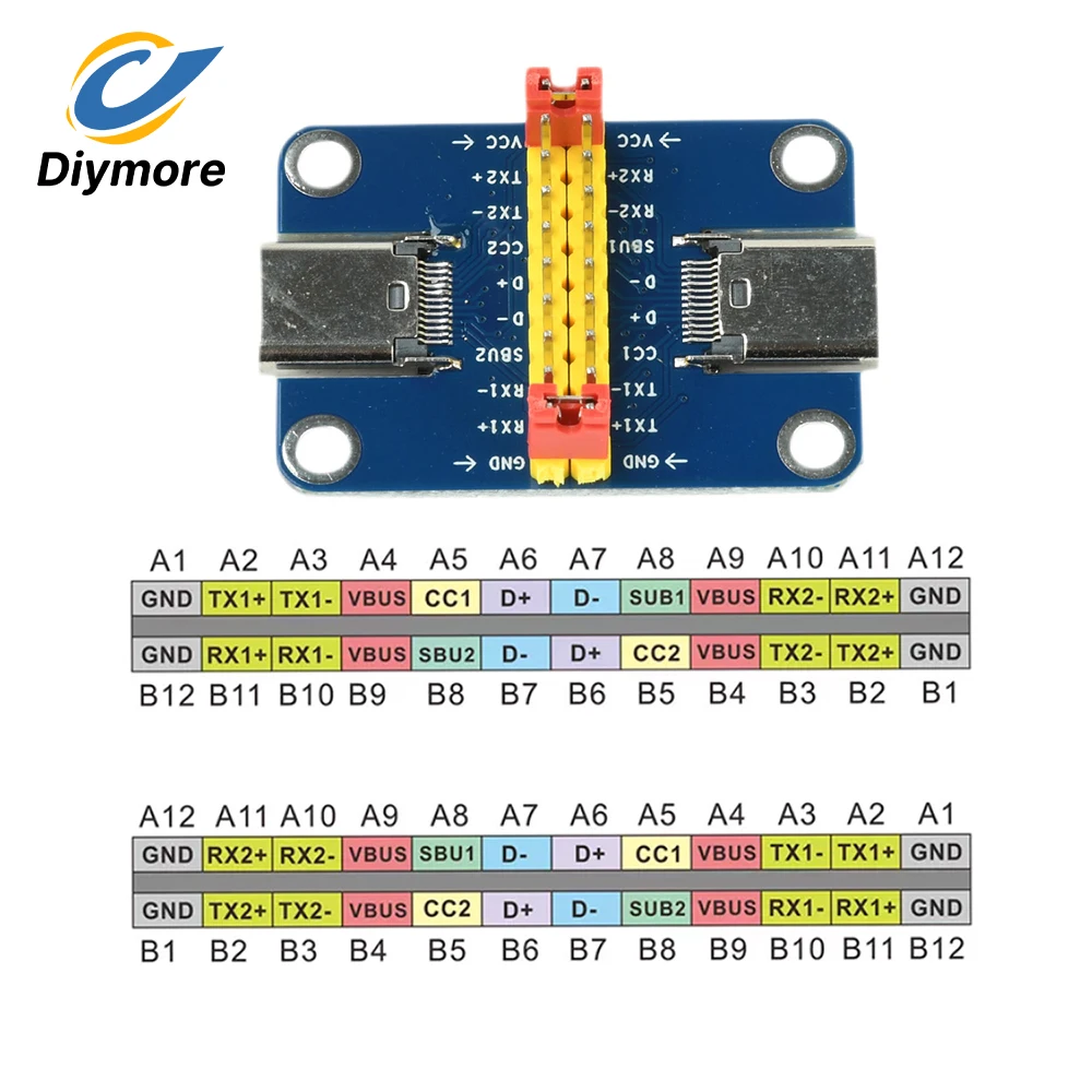 USB3.1 Type-C Male to Female Breakout Board 2.54mm Header Reversible Plug PCB Module For Debug Circuit Signal Verification