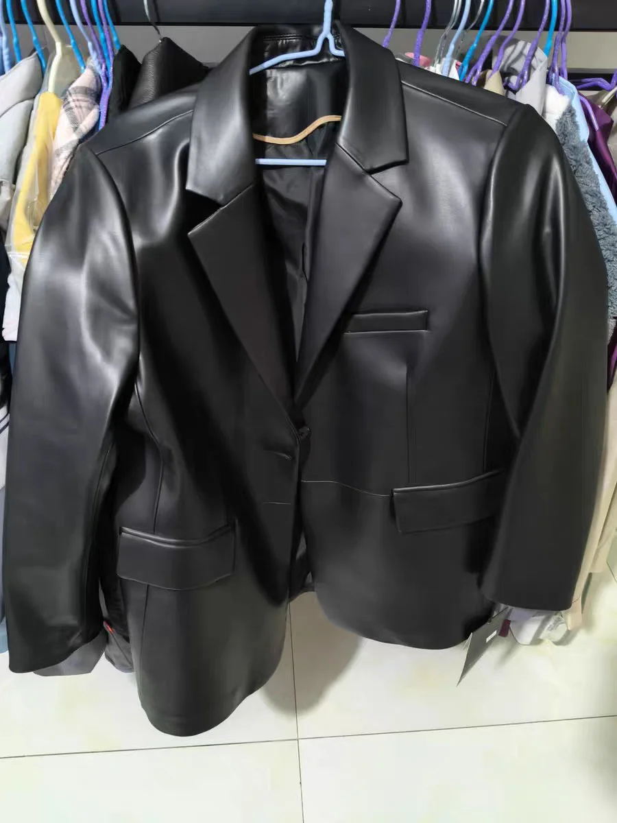 

Ретро-куртка свободного кроя из черной искусственной кожи, женский пиджак в гонконгском стиле, модный дизайн с длинными рукавами для весны и осени