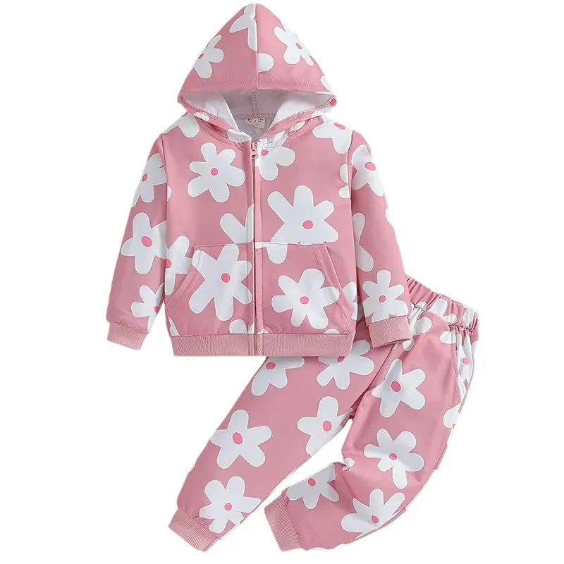 

2PCS Spring Autumn Toddler Girl Clothes Korean Fashion Cute Flowers Print Long Sleeve Pink Baby Tops+Pants Children's Sets B236