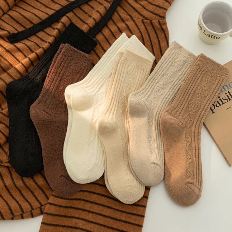 1 3 5 6 Pasang Kaos Kaki Wanita Campuran Wol Musim Gugur Musim Dingin Termal Motif Argyle Model Slouch Setengah Betis Bulu Halus Gaya Marled EU 35-42