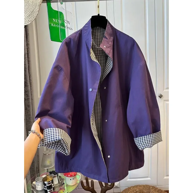 

Свободные хлопковые кожаные лоскутные дизайнерские куртки с воротником с лацканами для женщин, модные клетчатые весенние новые пальто с длинными рукавами, женские пальто