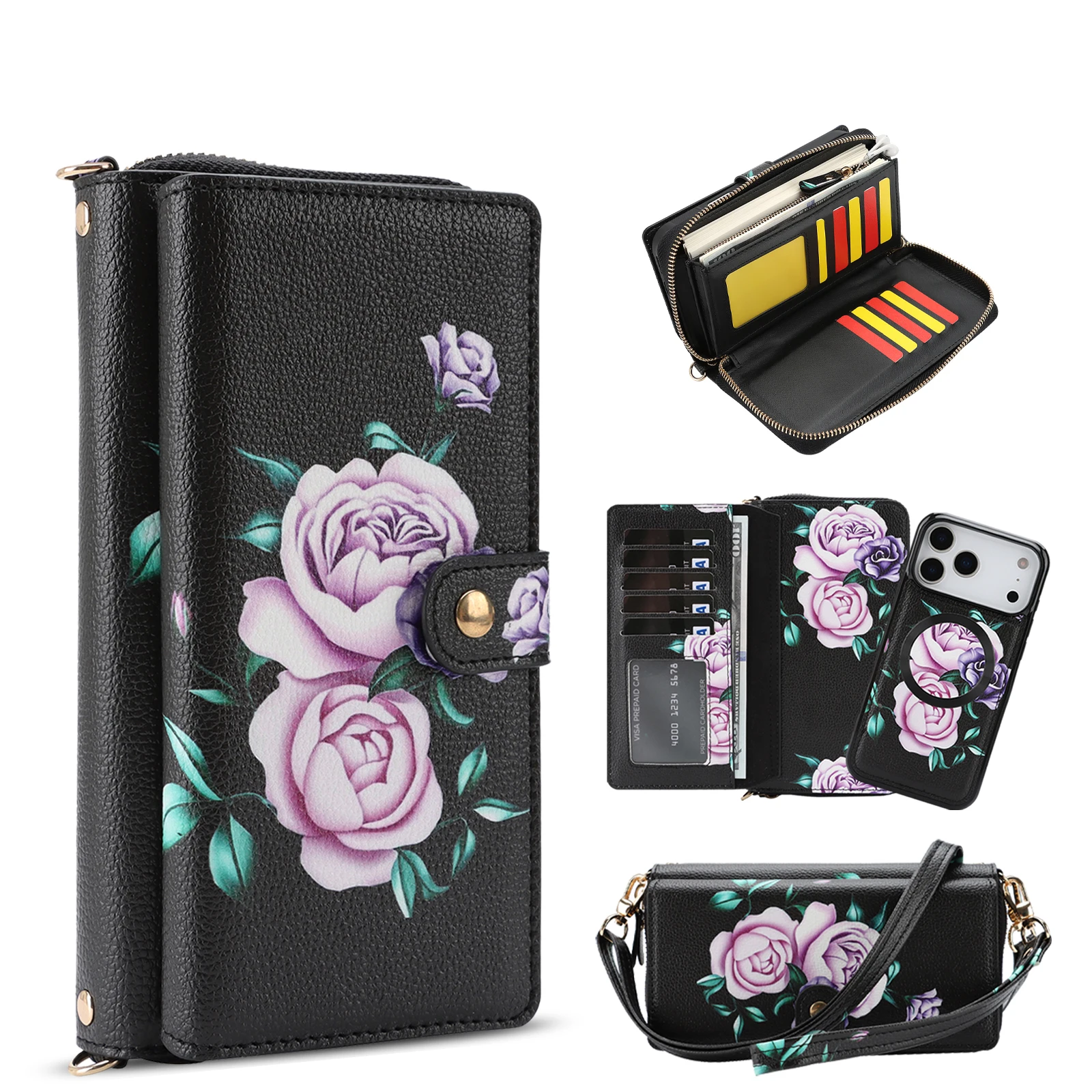 

Crossbody Multifunctional Floral Print Leather Phone Case For iPhone 17 Pro Max 16 Plus 15 14 13 12 Shockproof For Magsafe Cover