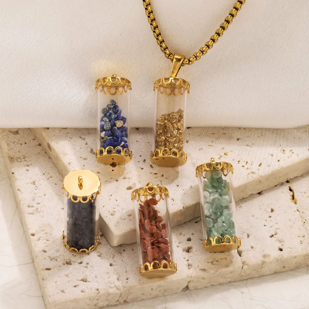 

Colorful natural crushed stone glass tube pendant, stainless steel crown cap, glass cover pendant, DIY handmade accessories