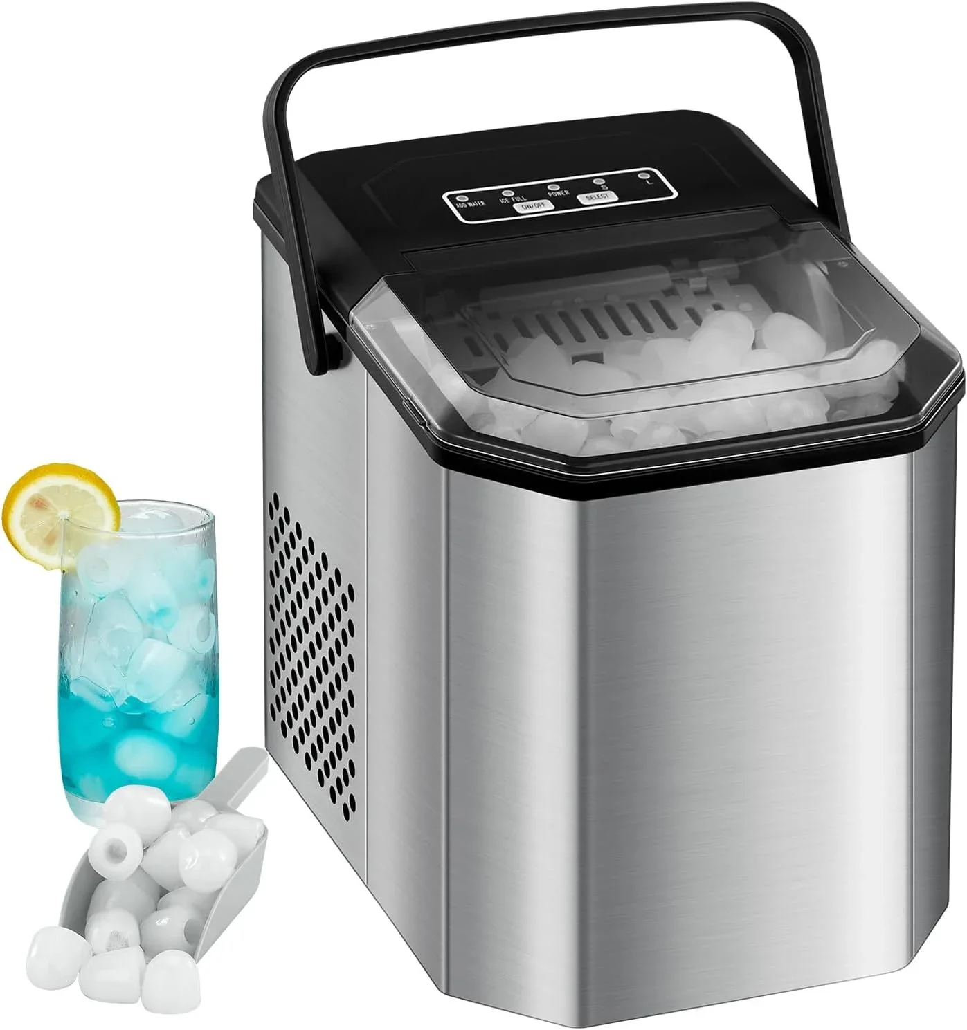 Efficient Countertop Ice Maker: Produces up to 26 lbs of ice in 24 hours, 9 Cubes Ready in just 6 Minutes - Includes Ice Scoop a