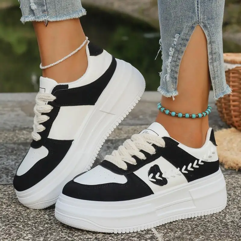 Fashion Mix Color Thick Bottom Sneakers Women 2025 Autumn Round Toe Stitching Decoration Lace Up Sneakers Non Slip Sports Shoes