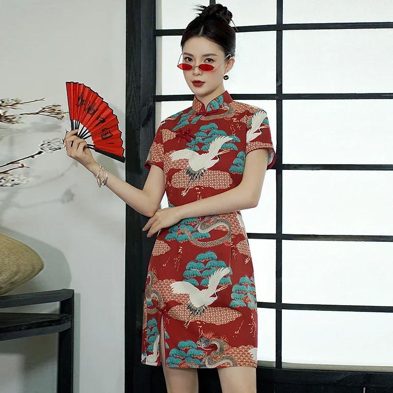 

New Chinese Style Elegant Banquet Gown Party Women's Red Crane Print Cheongsam 2025 Modern Oriental Vintage Dress Asian Qipao