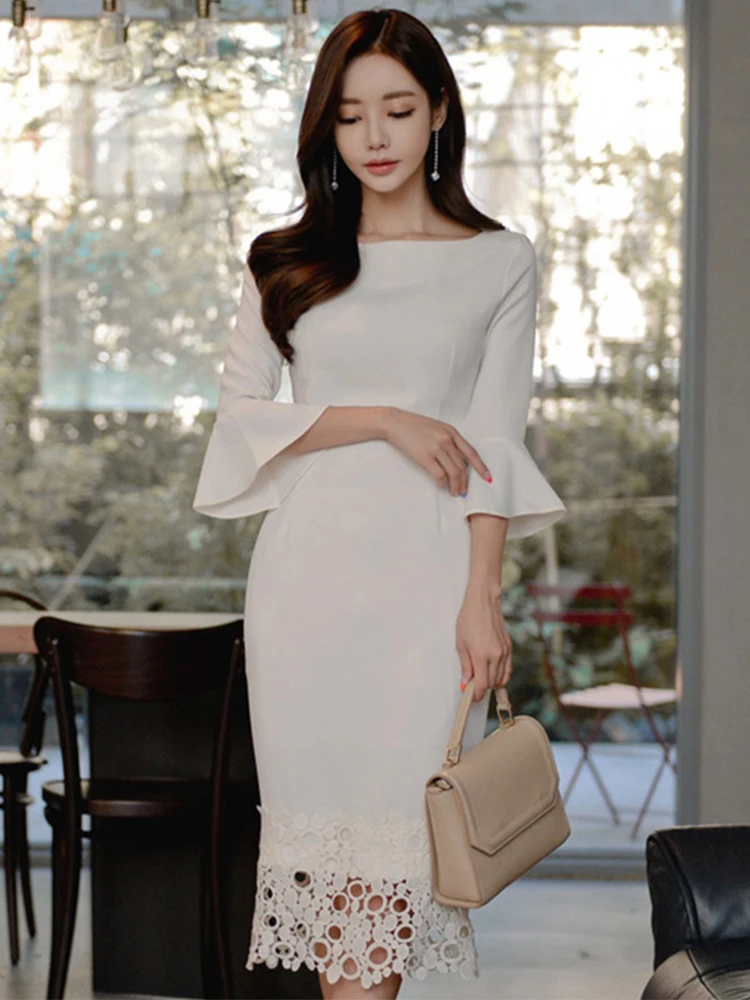 Spring Elegant Midi Dress Women OL Style Butterfly Sleeve Lace Hook Flowers Hollow White Robe Female Sweet Office Lady Vestidos