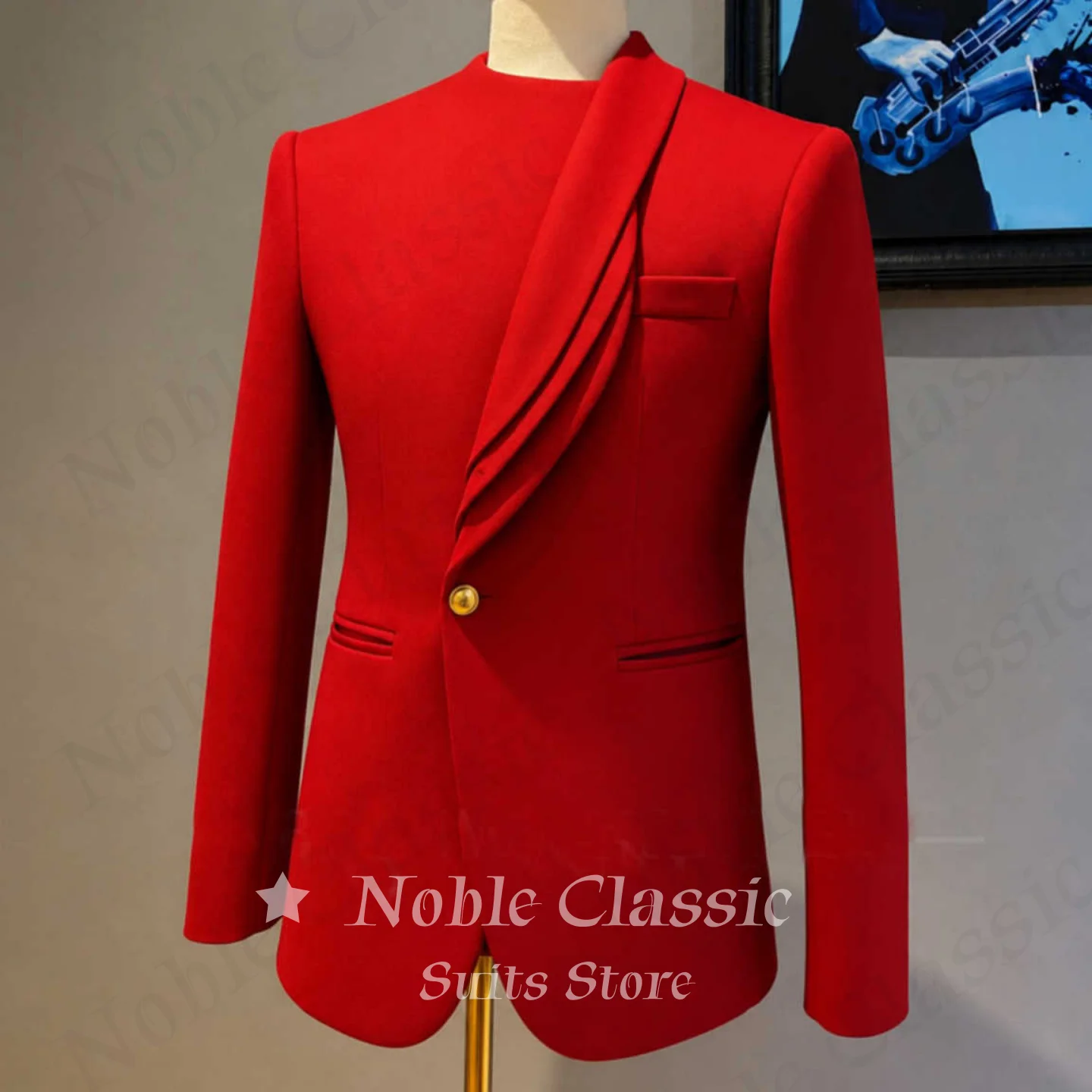 White Men Stand Collar Pleated Asymmetric Lapel Blazer Single Gold Button Slim Fit Wedding Groom Tuxedo Jacket Formal Customized