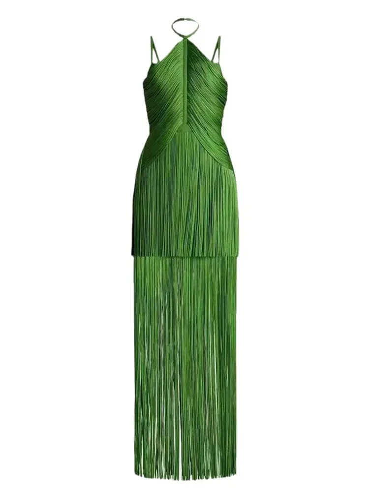 2024 Women Celebrity Luxury Sexy Backless Tassel Green Ankle Length Bodycon Bandage Dress Evening Club Party Dress