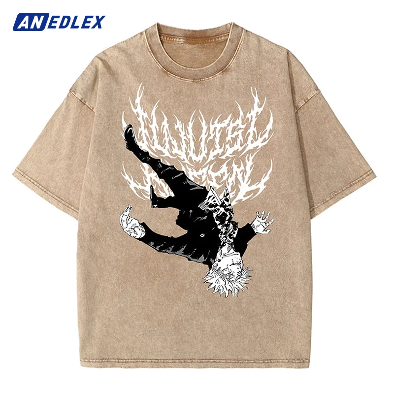 

Men Washed Loose T-Shirt Hip Hop Streetwear Japanese Anime Print Oversize Tshirt Summer Short Sleeve Cotton Vintage Tops Tees